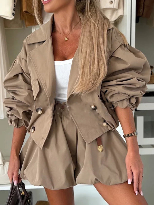 Elegant Ruched Sleeve Cropped Jacket Apricot