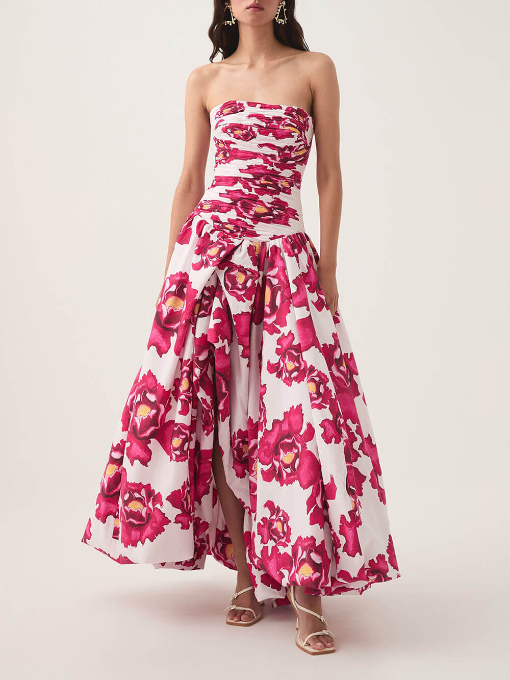 Elegance Perfect Moment Floral Off Shoulder Ruched Bodice Drape Bubble Hem Maxi Dress Red