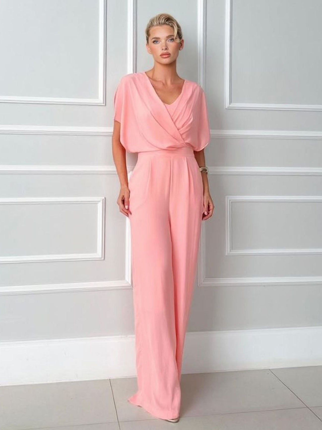 Elegant Draped Cross V-Neck Jumpsuit Pink