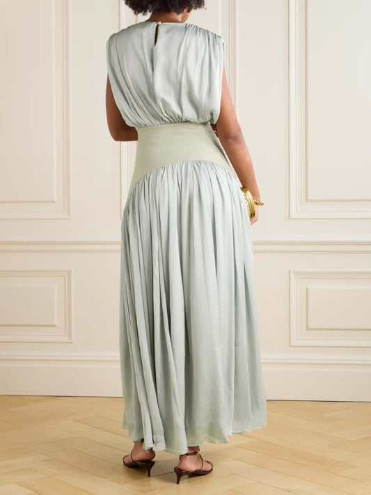 Elegant Wide Belted Pleated Sleeveless Maxi Dress