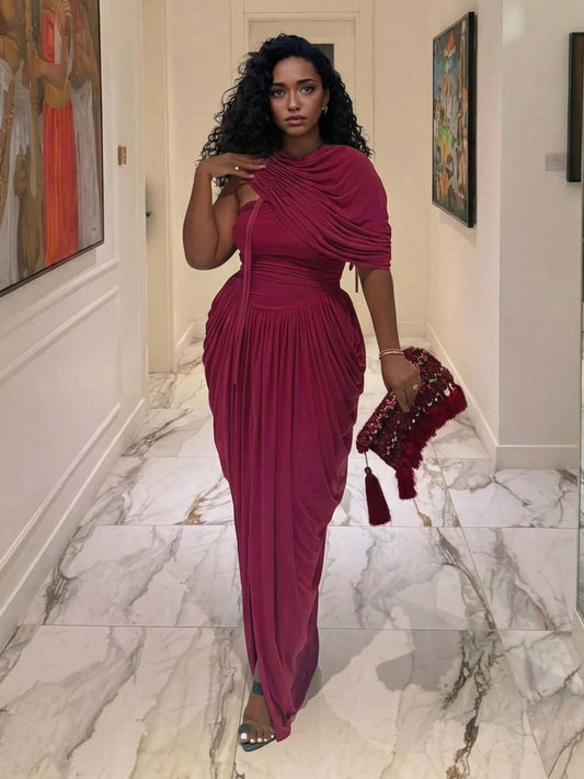 Modern Grecian-Style Fuchsia Draped Maxi Dress