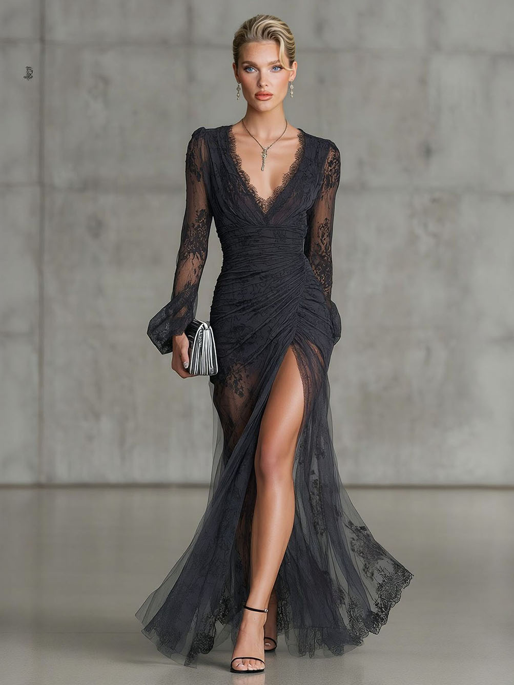 Charming Sheer Tulle Lace High Slit Maxi Dress Black