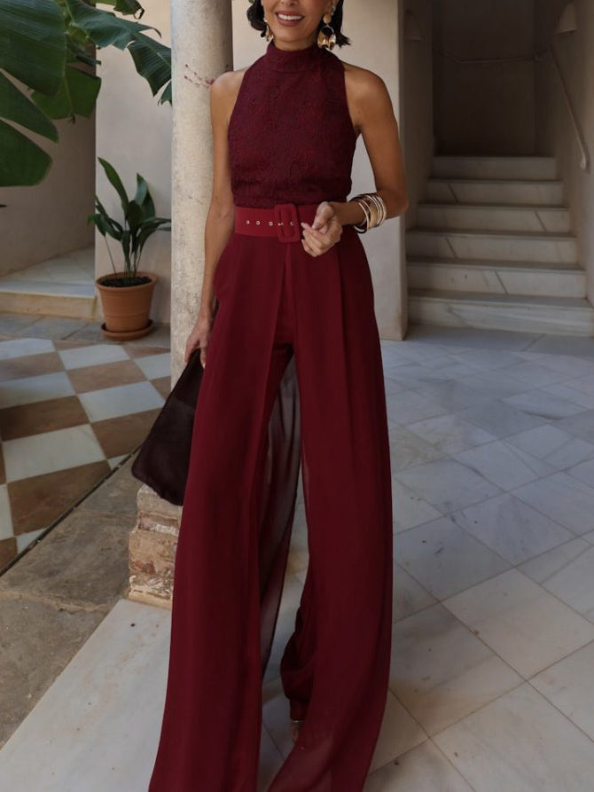 Elegant Lace Halter Neck Jumpsuit Red