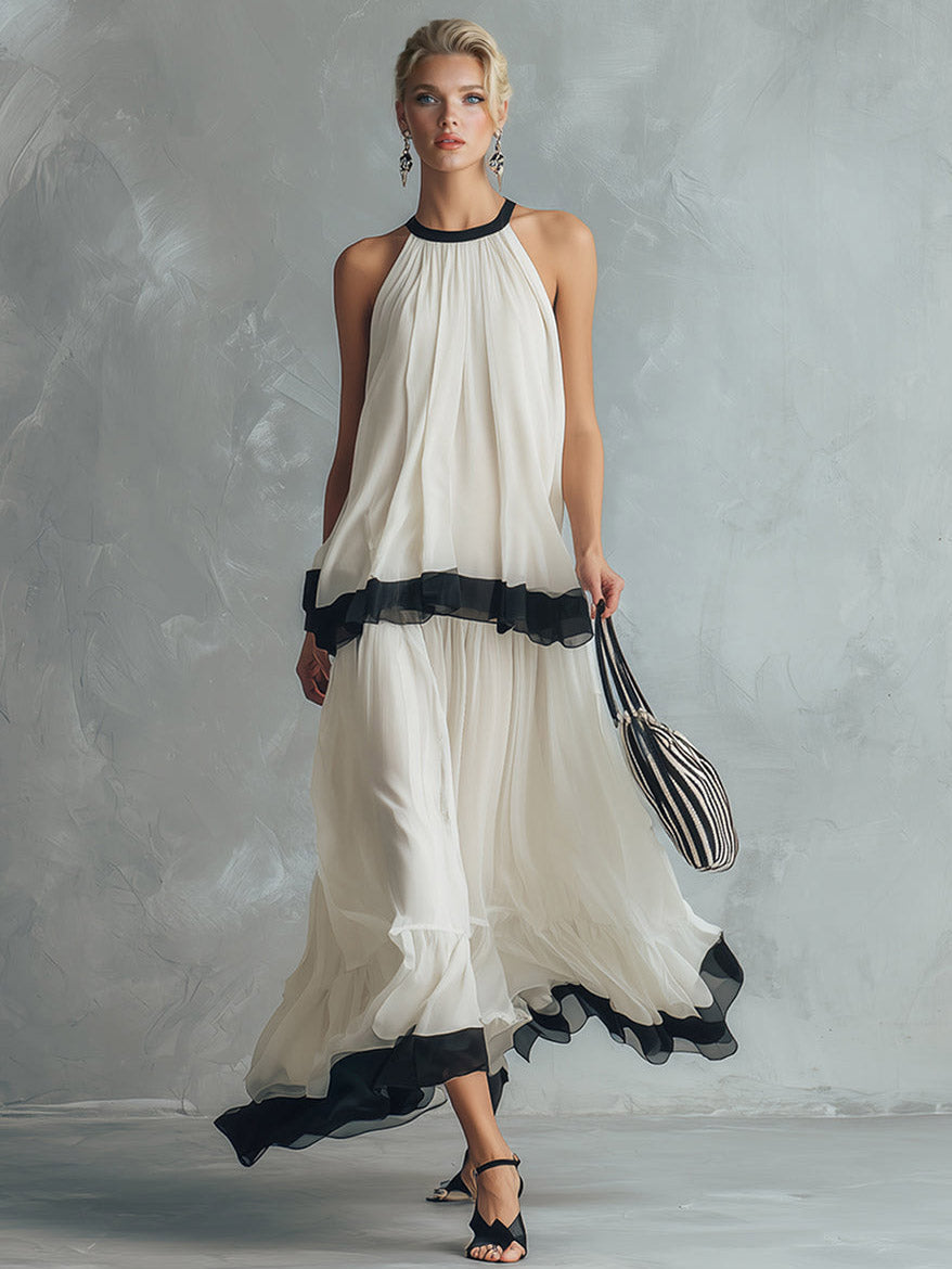 Elegant Chiffon Backless Cami Top & Maxi Skirt Set Cream