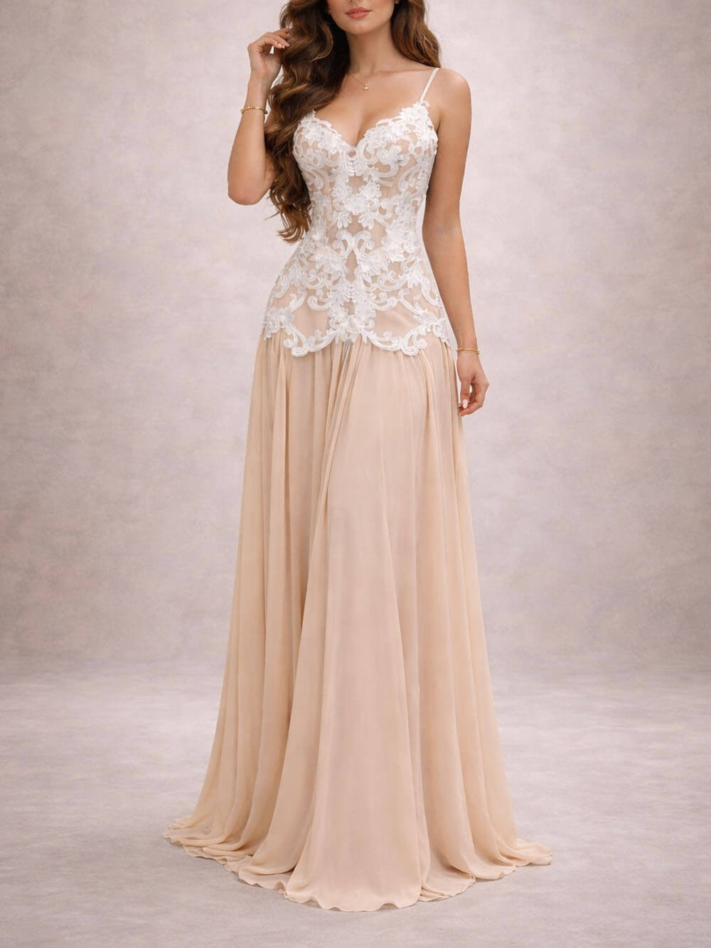 Exquisite Lace-Trim Backless Adjustable Strap Maxi Dress Pink