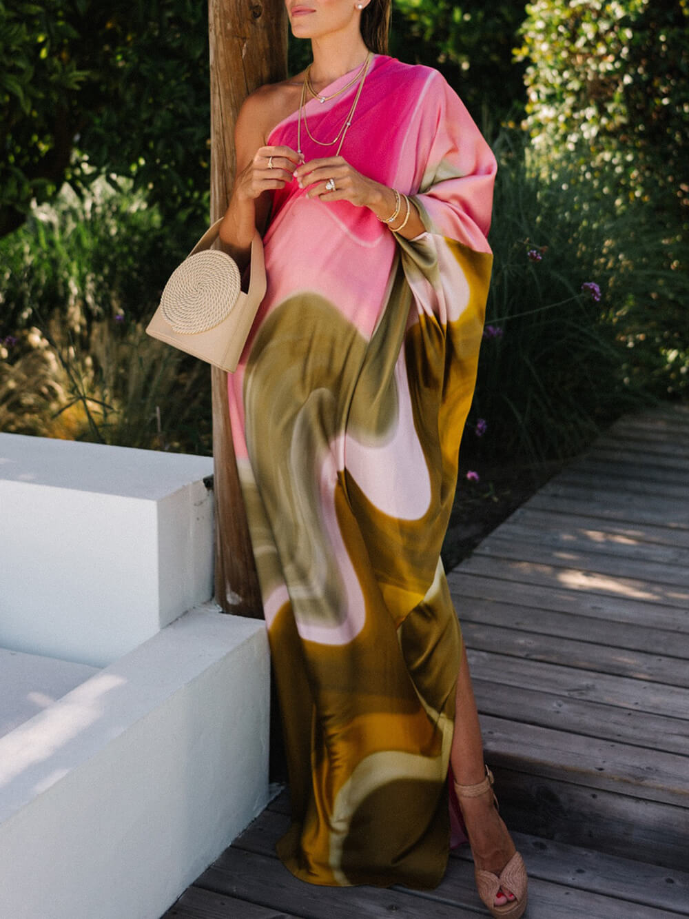 Elegant Satin Tie Dye Print One Shoulder Drape Vacation Maxi Dress Pink