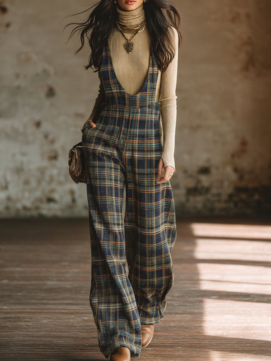 Casual Retro Plaid Wide-leg Overalls Blue Set