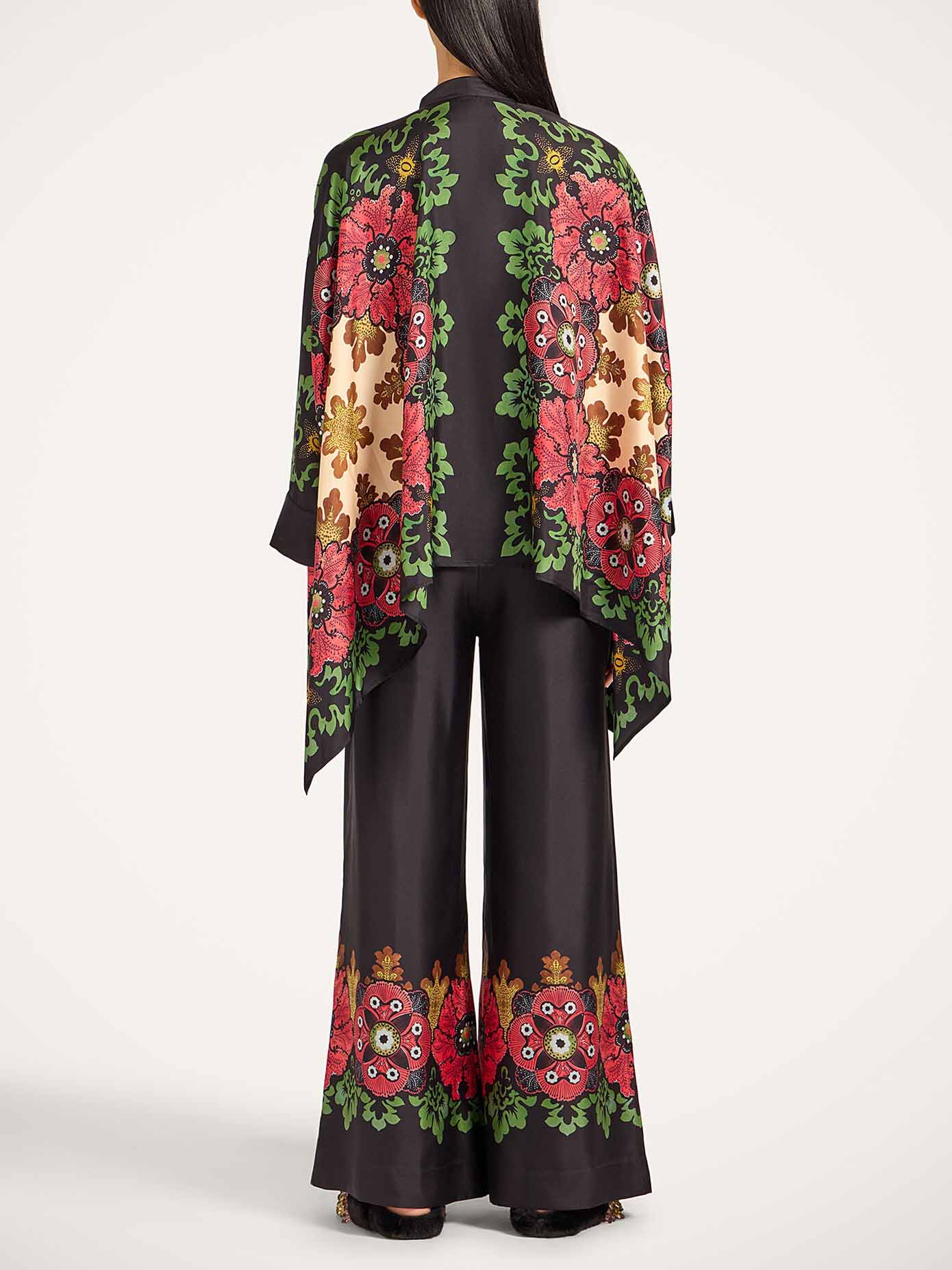 Exquisite Satin Floral Border Wide-Leg Pants