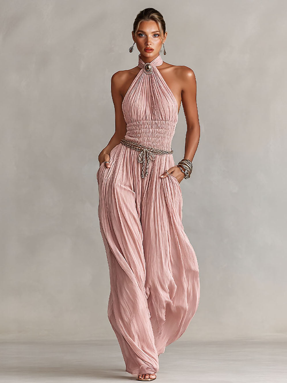 Romantic Halter Neck Ruched Jumpsuit Pink