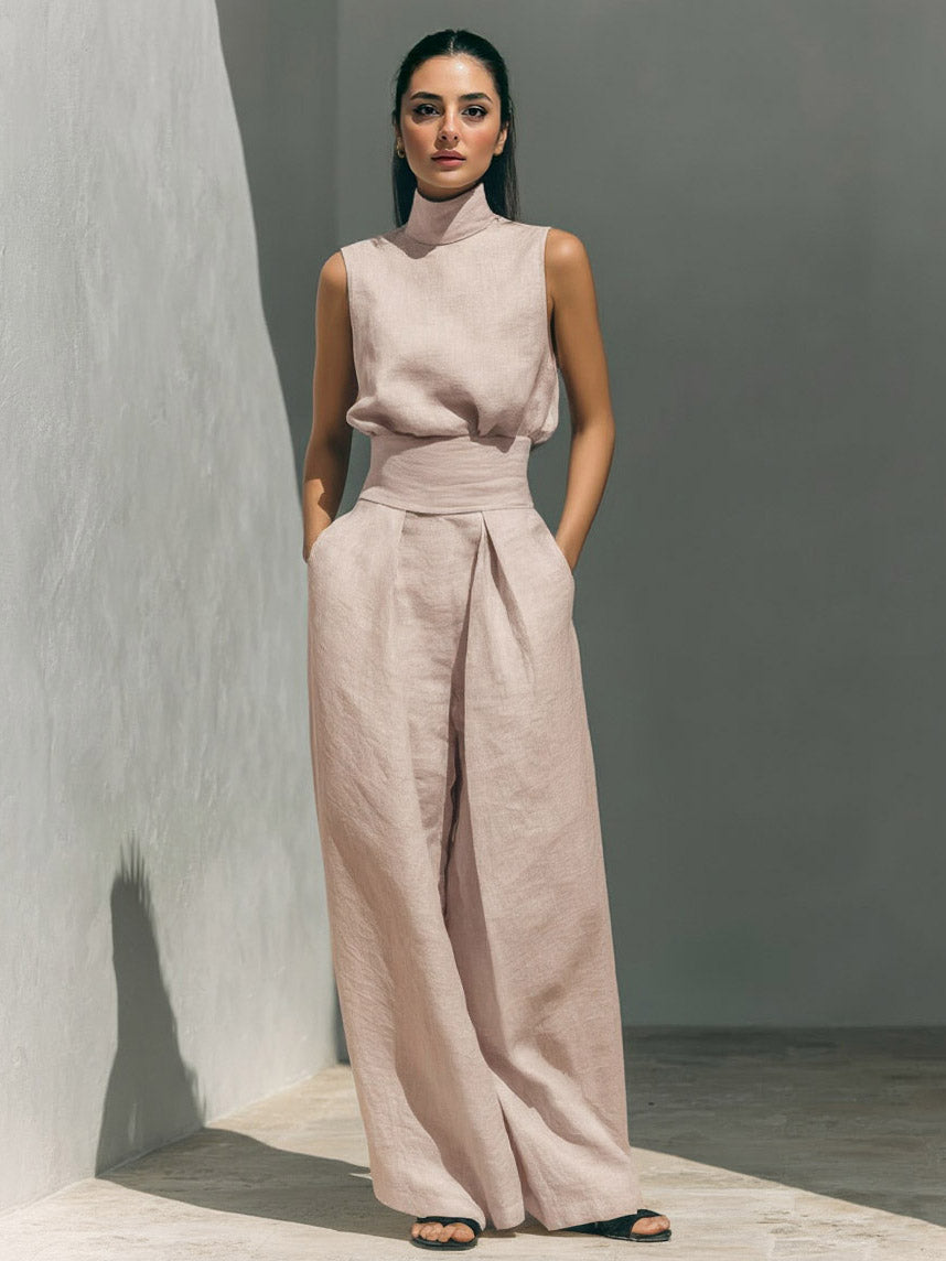 Elegant Linen High-Neck Top & Wide-Leg Pants Two-Piece Set Pink