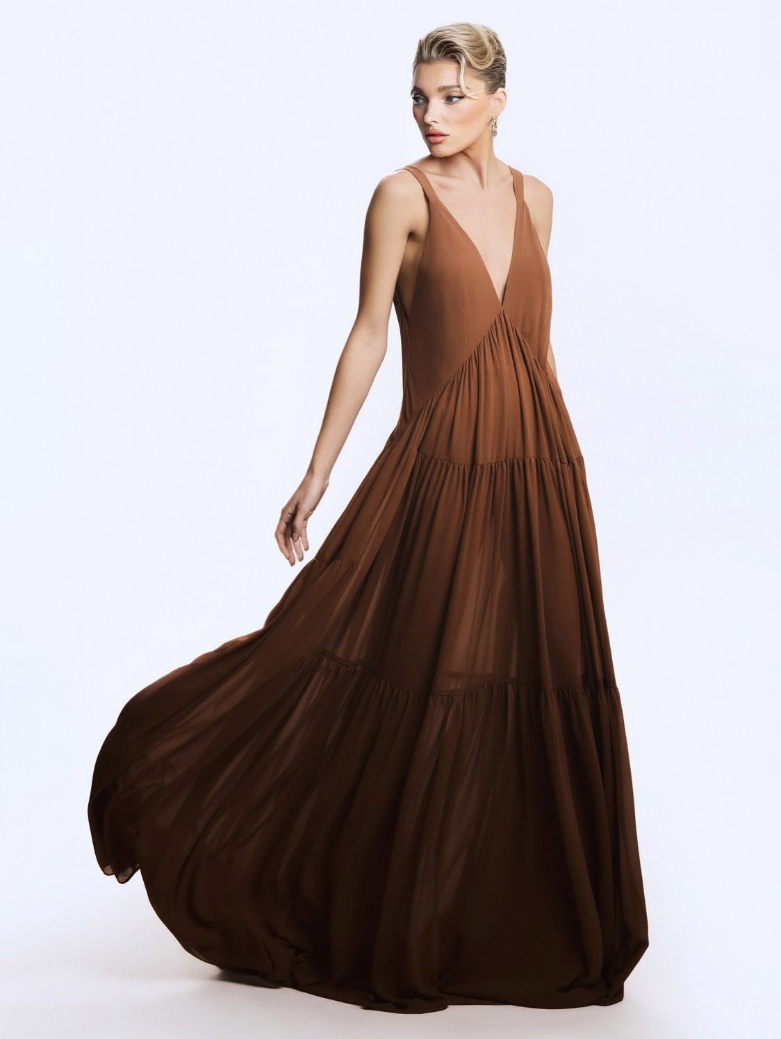 Elegant Chiffon Cape Top And Tiered Maxi Skirt Two-Piece Set Brown Dress