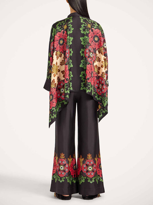 Exquisite Satin Floral Print Kimono Shirt Two-Piece Set