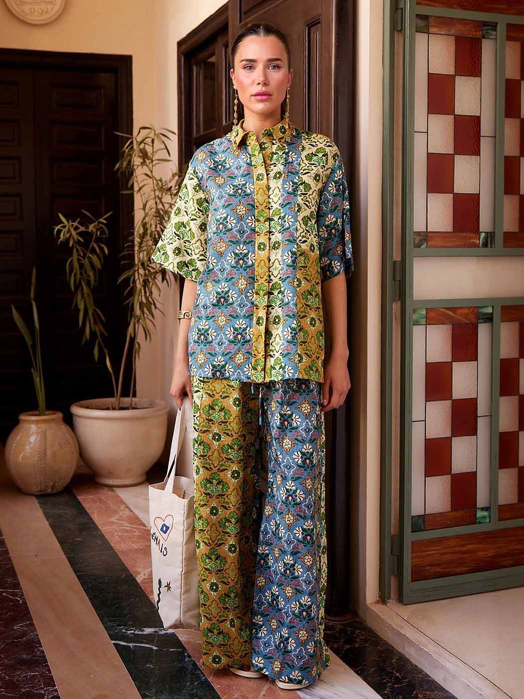 Retro Art Print Shirt & Wide-Leg Pants Two-Piece Set Multi Set