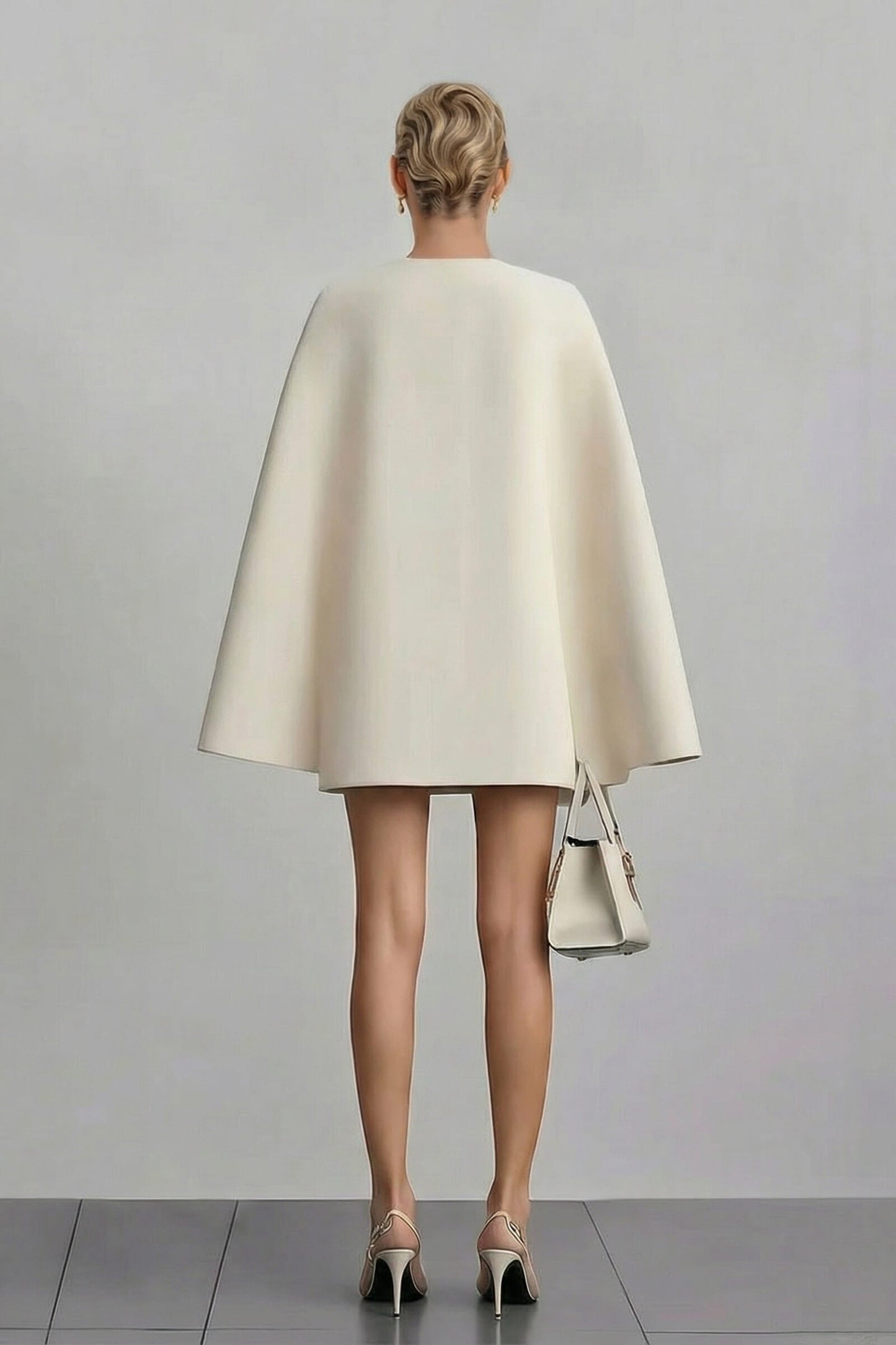 Chic Beige V-Neck Cape Sleeve Double-Breasted Blazer Mini Dress