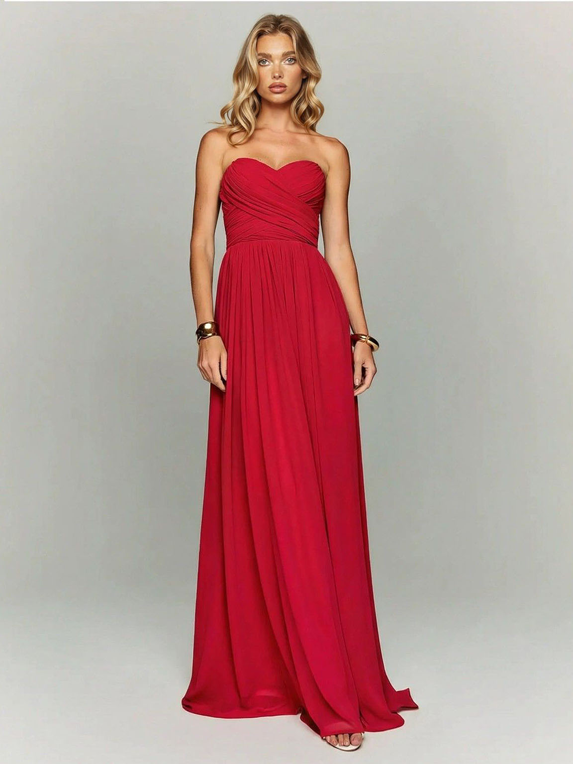 Elegant Strapless Ruched Maxi Dress With Flowing Cape
