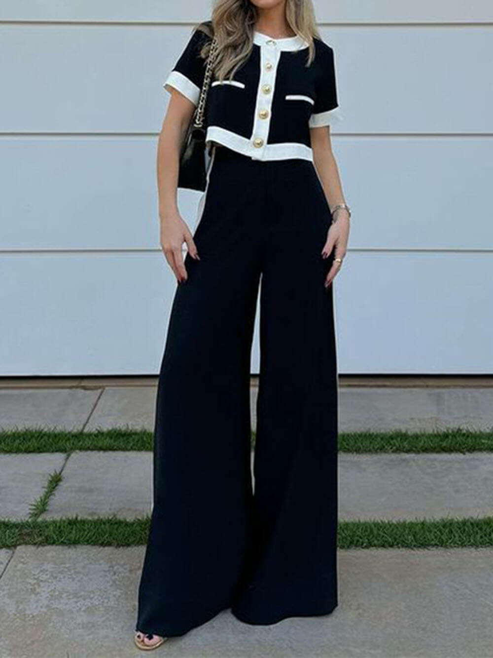 Fashionable Black And White Patchwork Short-Sleeved Top And Straight Pants Set Black