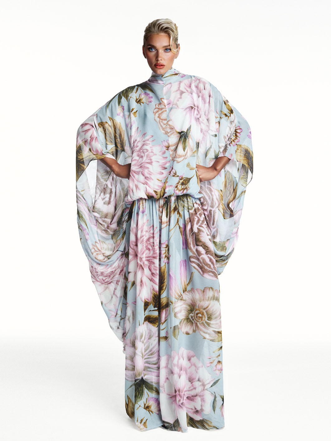 Exquisite Watercolor Floral Print Draped Chiffon Maxi Dress Light Blue