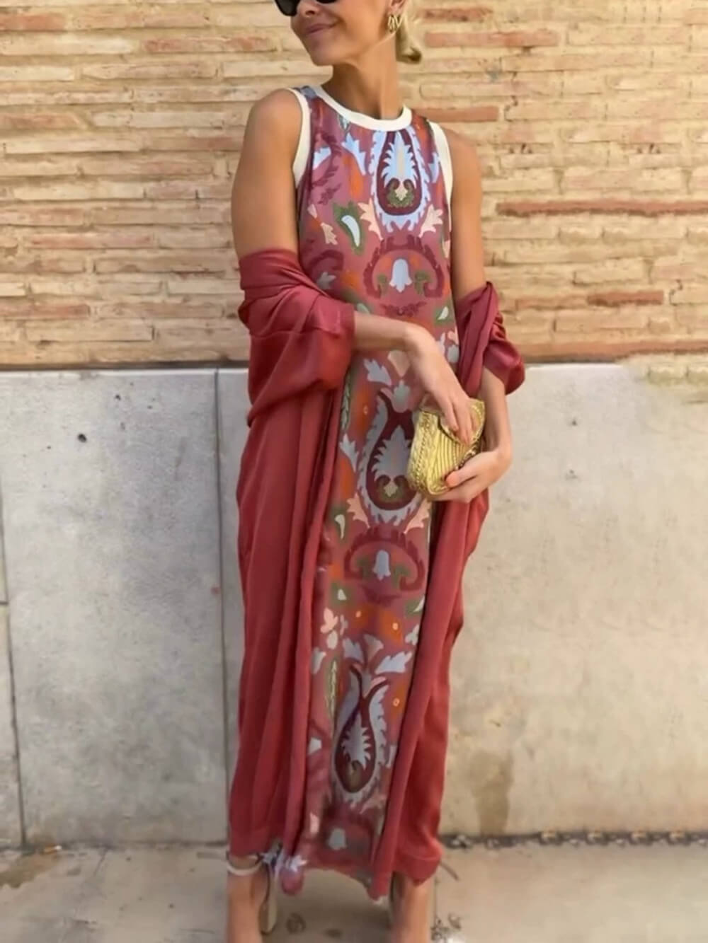 Elegant Printed Round Neck Tank Dress with Cape Two-Piece Set Burgundy