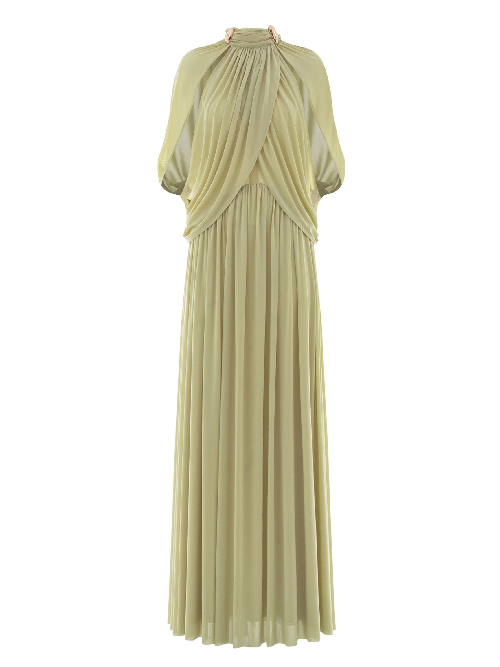 High Neck Pleated Cape Formal Maxi Dress