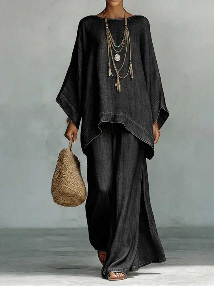 Casual Denim Batwing Asymmetrical Top & Wide Leg Pants Set Black Set