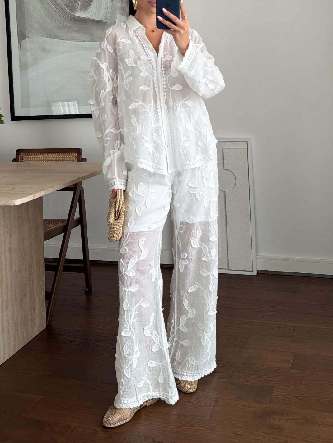 Unique Resort Jacquard Casual Loose Two-Piece Set White Set