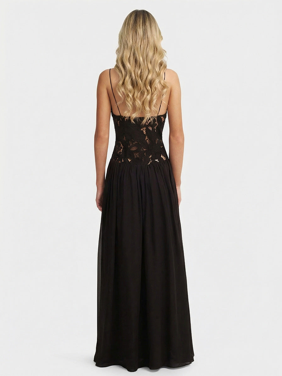 Elegant Lace Spaghetti Strap Floral Appliqu¨¦ Maxi Dress