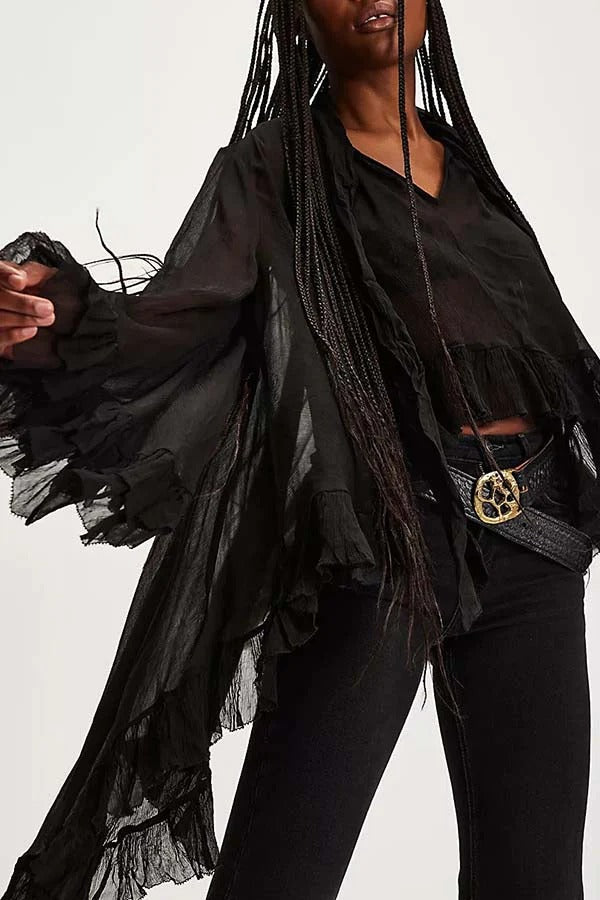 Exquisite Irregular Ruffled Chiffon Flowing Shirt Black