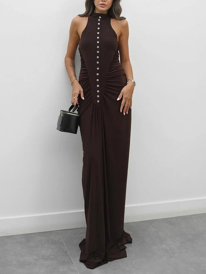 Elegant Multi-button Draped Fitted Maxi Dress Brown