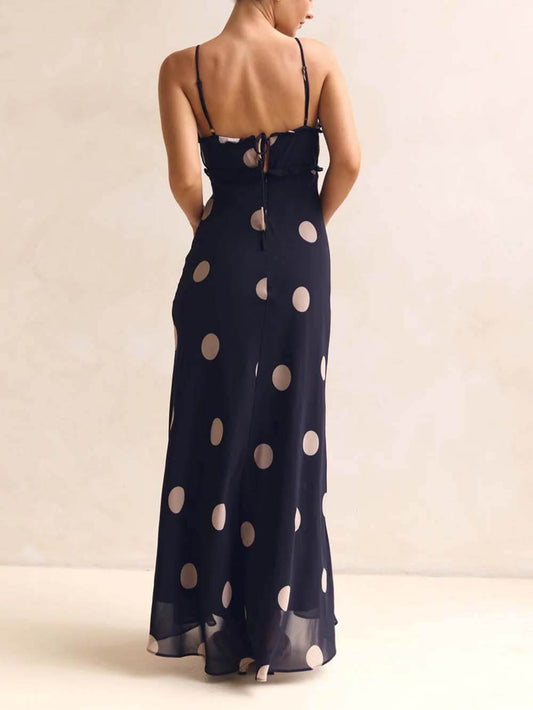 Delicate Lace-Trim Polka Dot Open-Back Maxi Dress