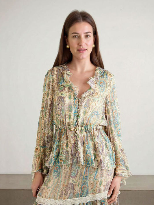 Exquisite Paisley Print Lace Trim Skirt