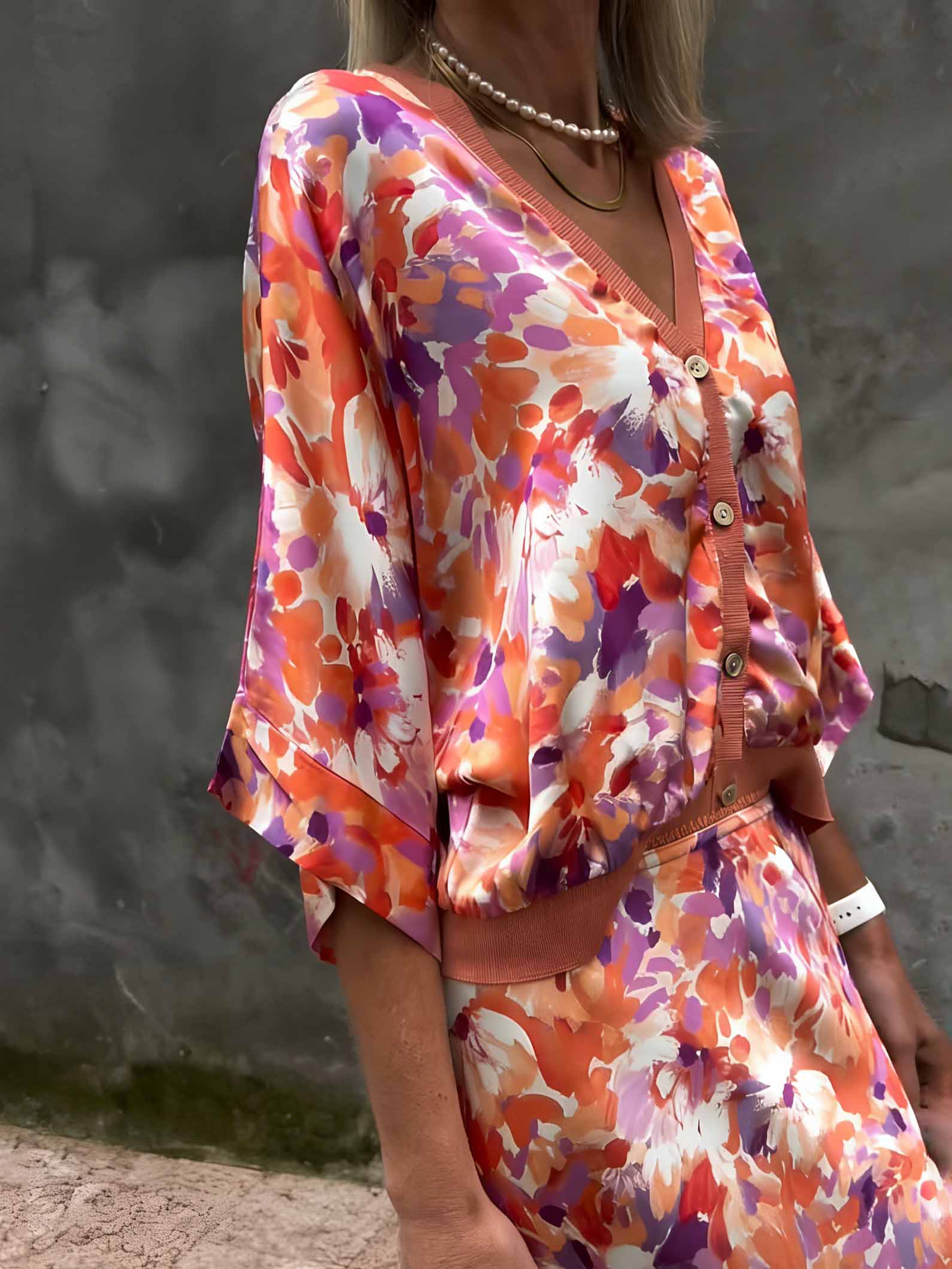 Exquisite Floral Print Satin Batwing Sleeve Shirt