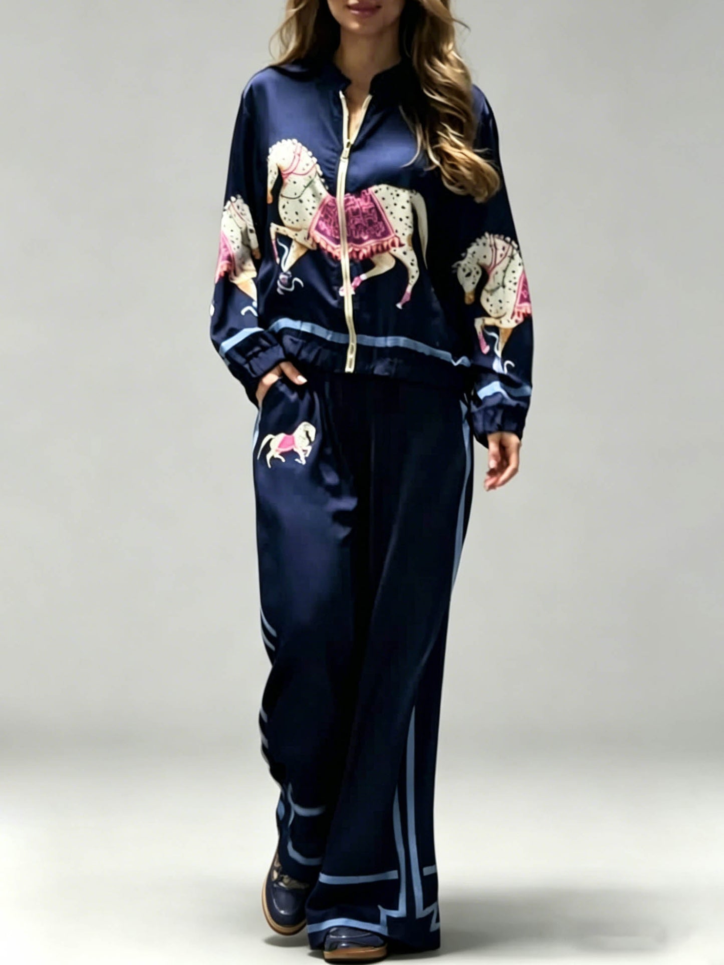 Exquisite Satin Horse Print Zip Jacket & Wide-Leg Pants Two-Piece Set Dark Blue Set