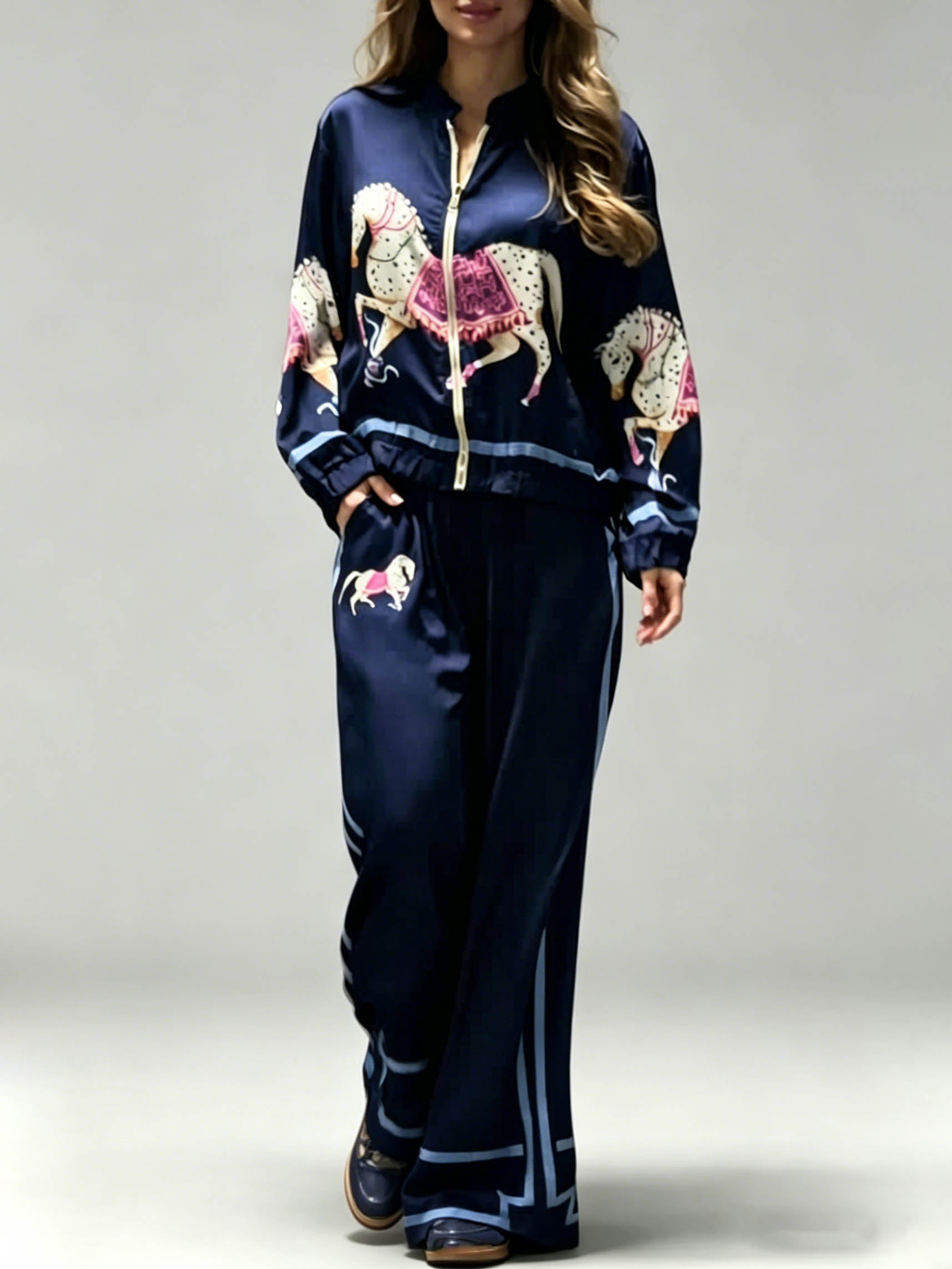 Exquisite Satin Horse Print Zip Jacket & Wide-Leg Pants Two-Piece Set Dark Blue Set