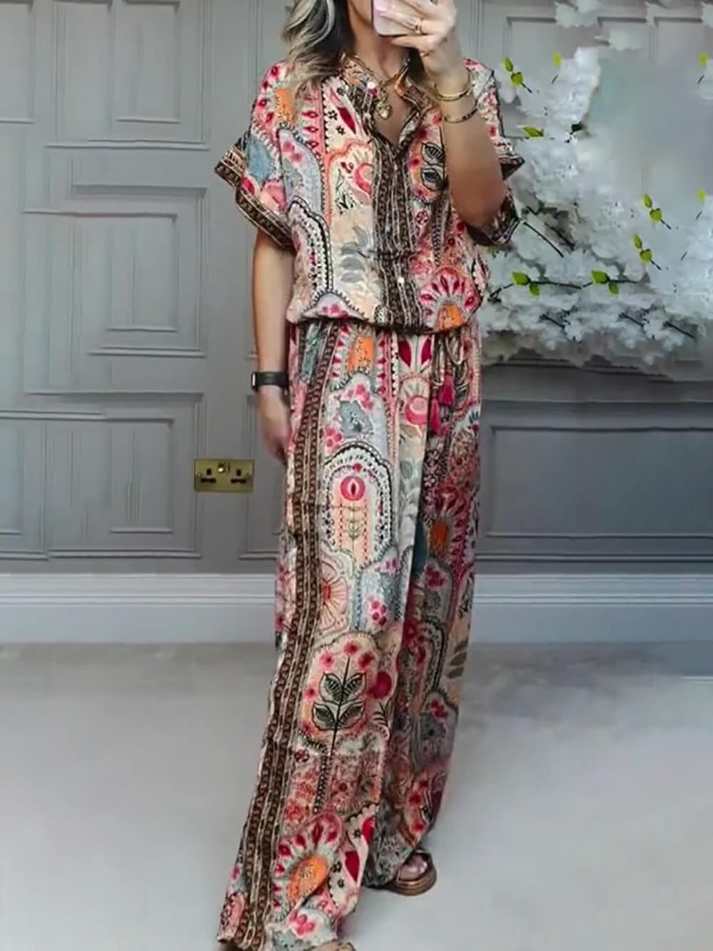 Boho Printed Fringe-Accented Loose Blouse