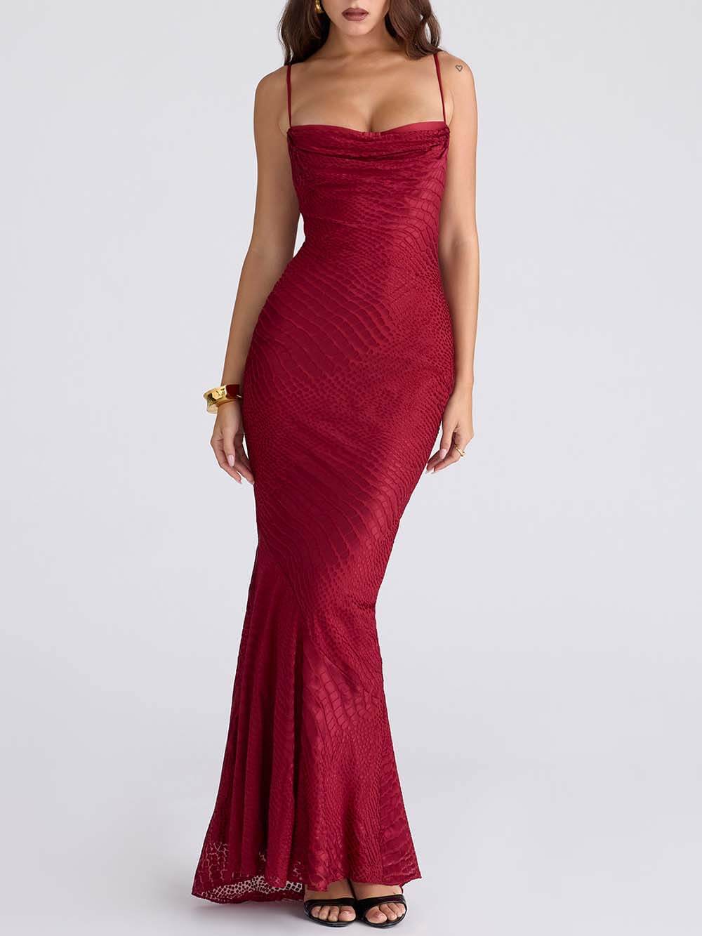 Elegant Low-Neck Burnout Satin Party Maxi Dress Deep Red