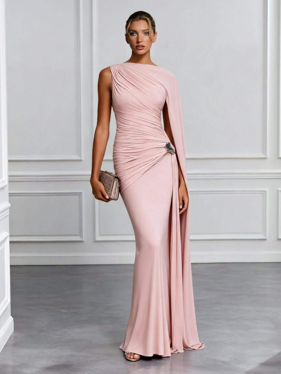 Elegant One-Shoulder Ruched High-Slit Maxi Dress Pink