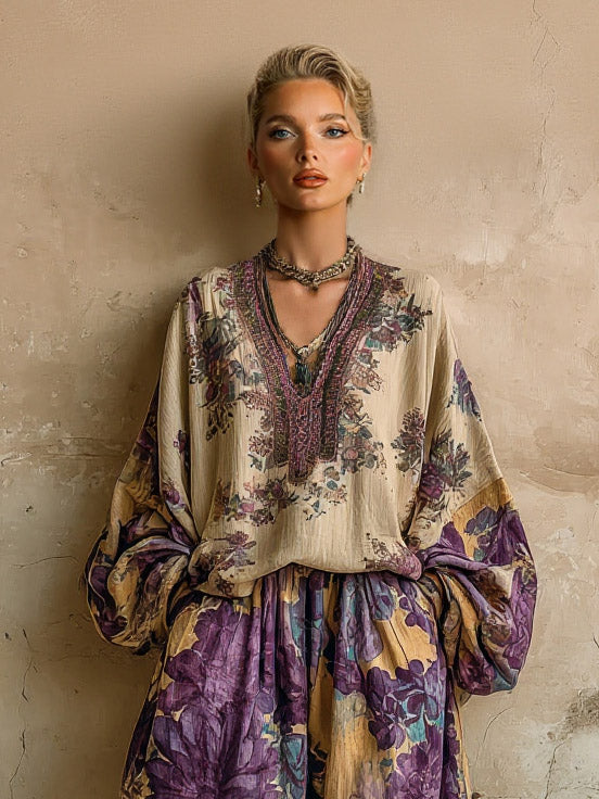 Retro Floral Print Elastic Waist Wide-Leg Pants Multi Top