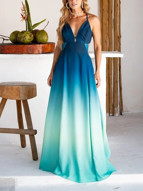 Exquisite Gradient Print V-Neck Flowing Maxi Dress Blue