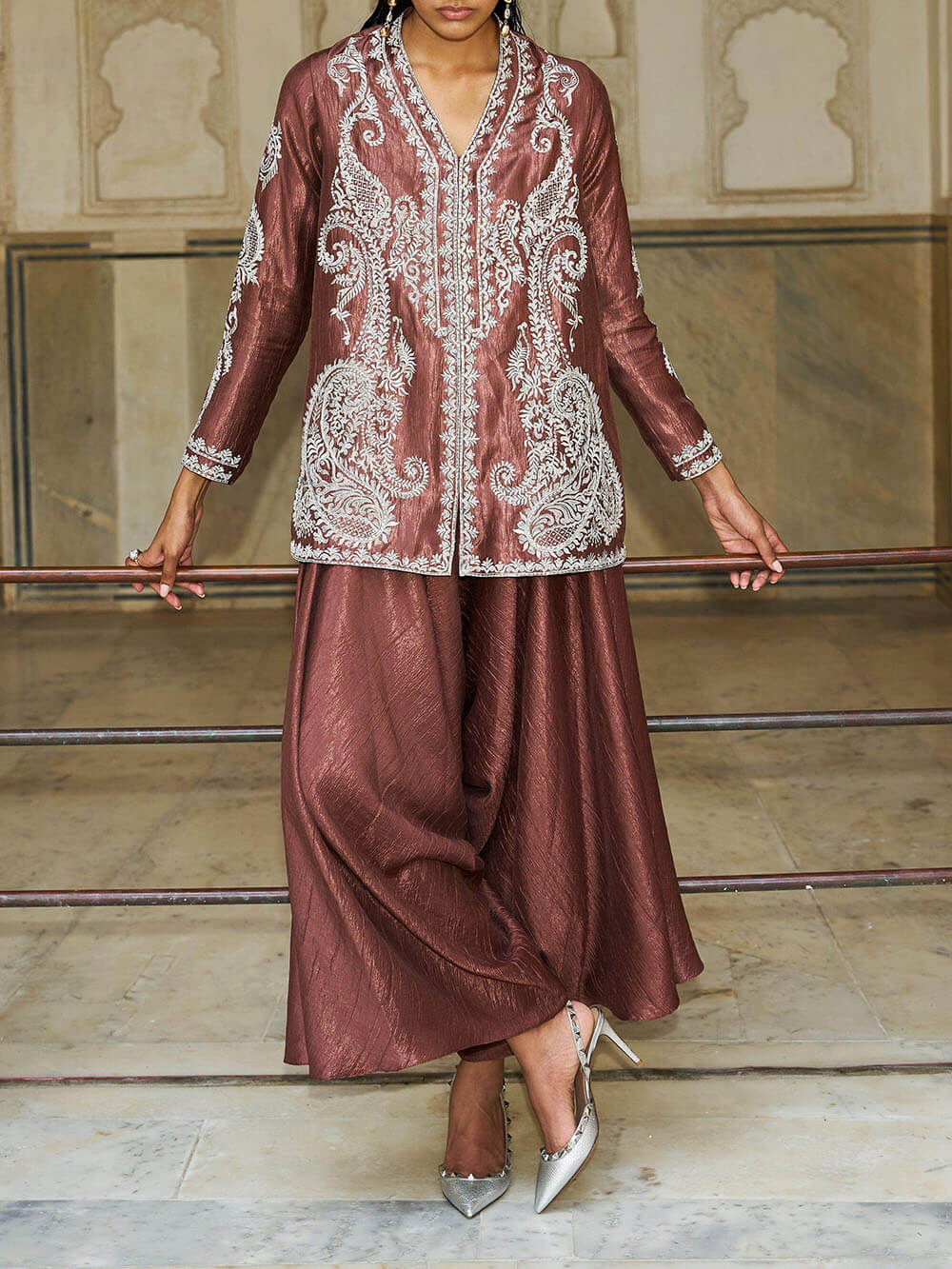 Unique Paisley Pattern V-Neck Loose Top And Pleated Harem Wide-Leg Pants Set Brick Red