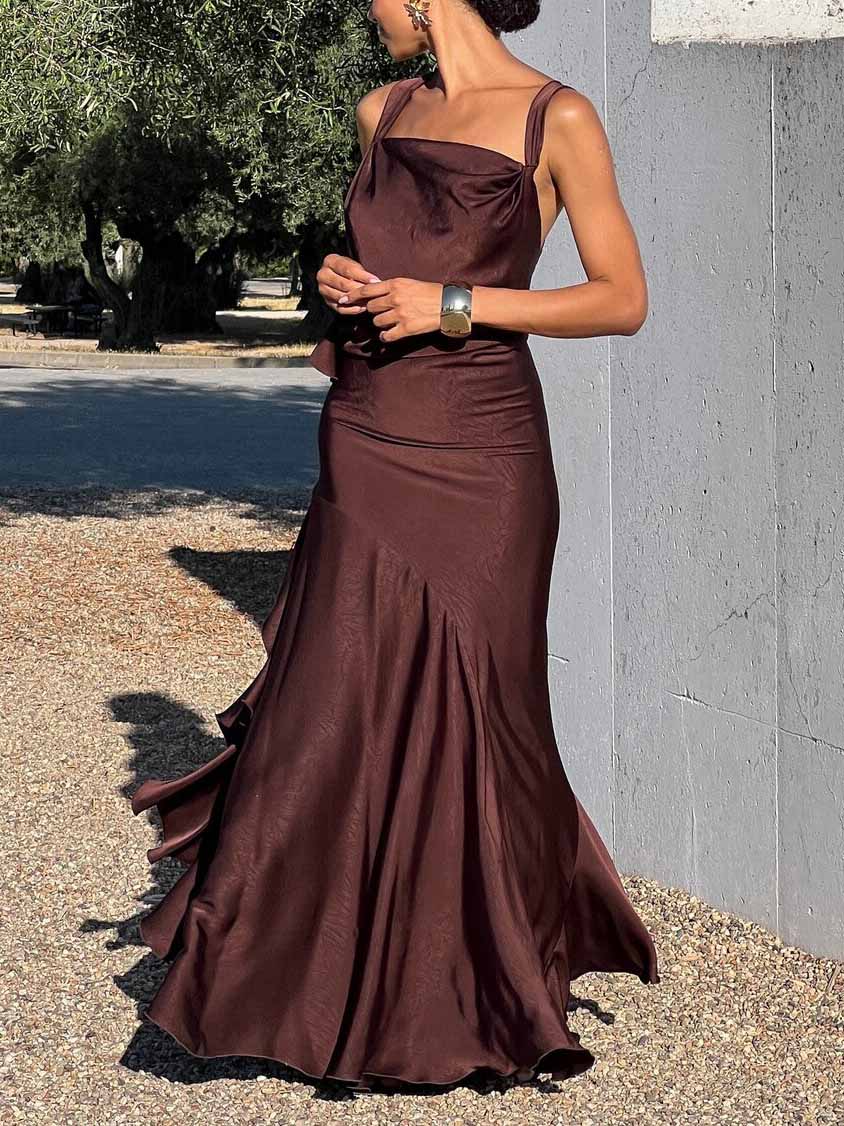 Elegant Satin Neck Mermaid Maxi Dress Brown