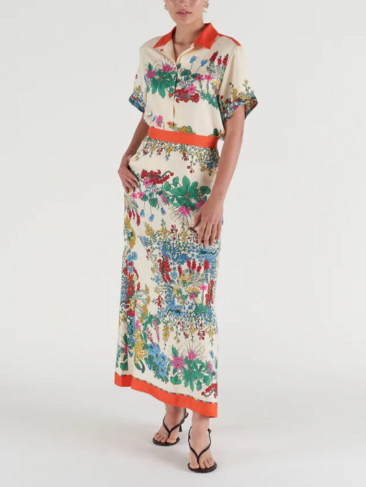 Exquisite Botanical Print Contrast Trim Shirt