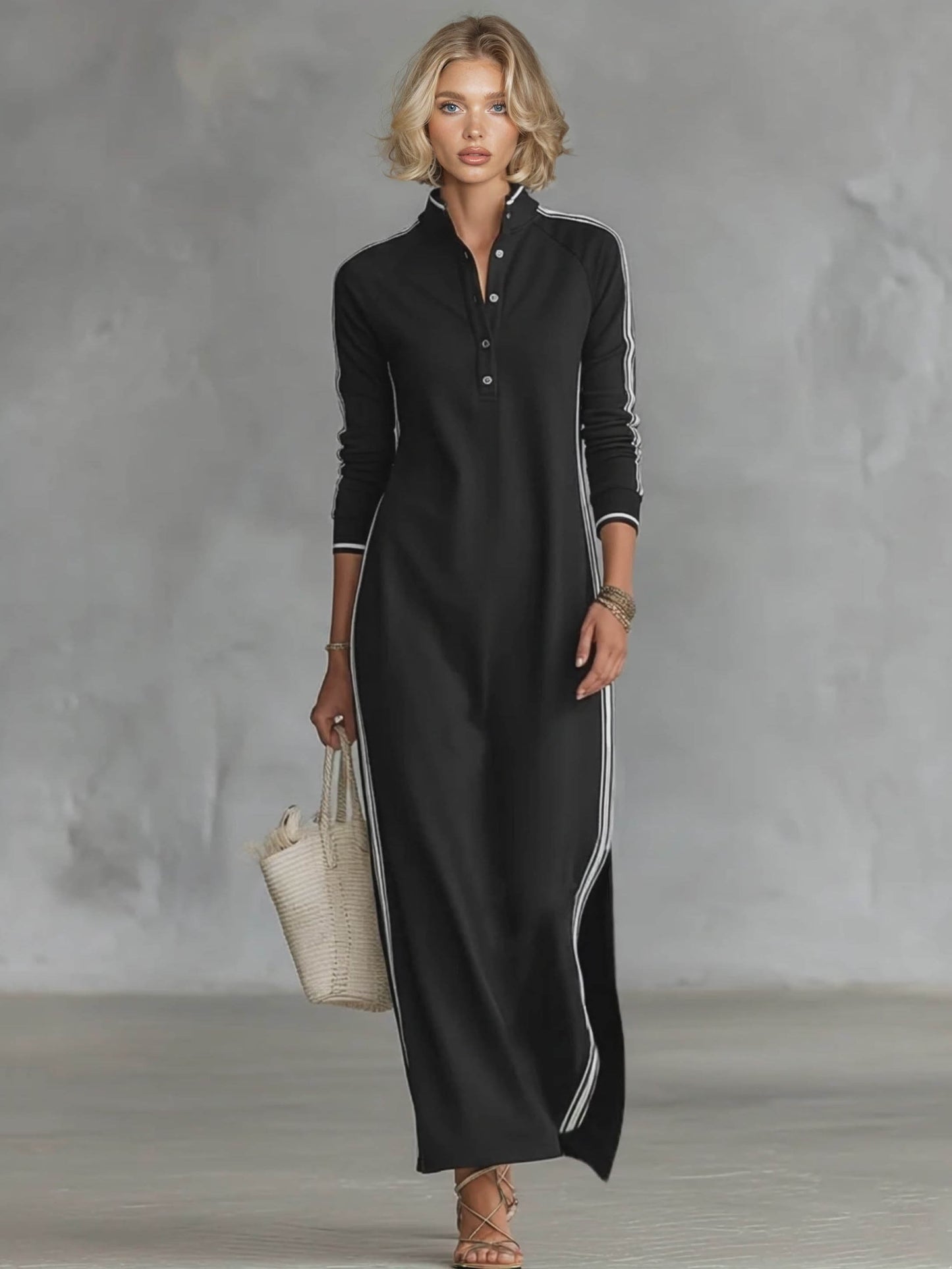 Sporty Chic Striped-Trim Maxi Dress Black