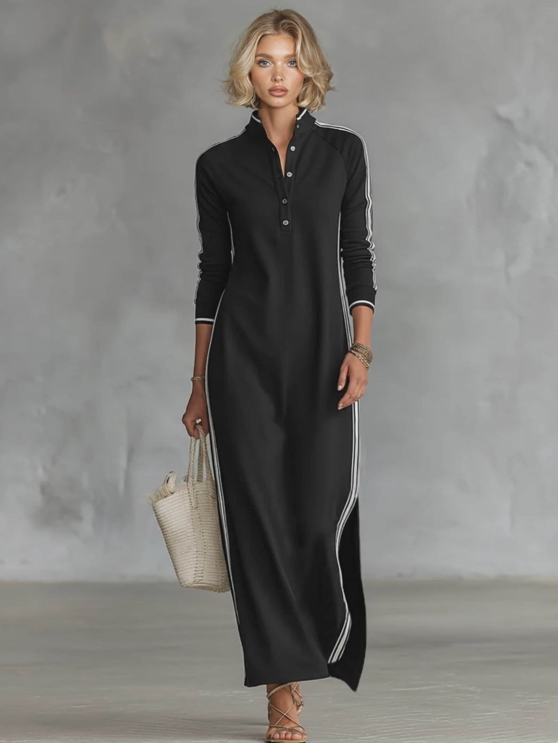 Sporty Chic Striped-Trim Maxi Dress Black
