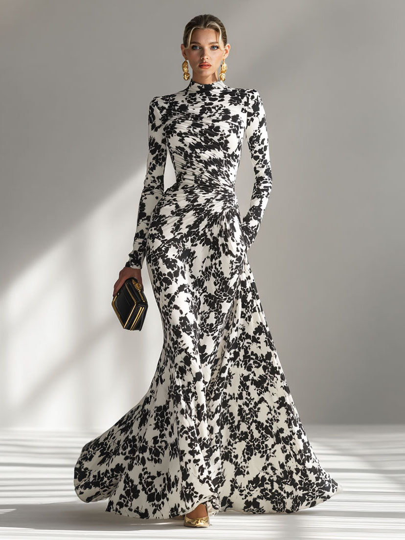 Casual Abstract Print High-Neck Pleated Mermaid Maxi Dress Black