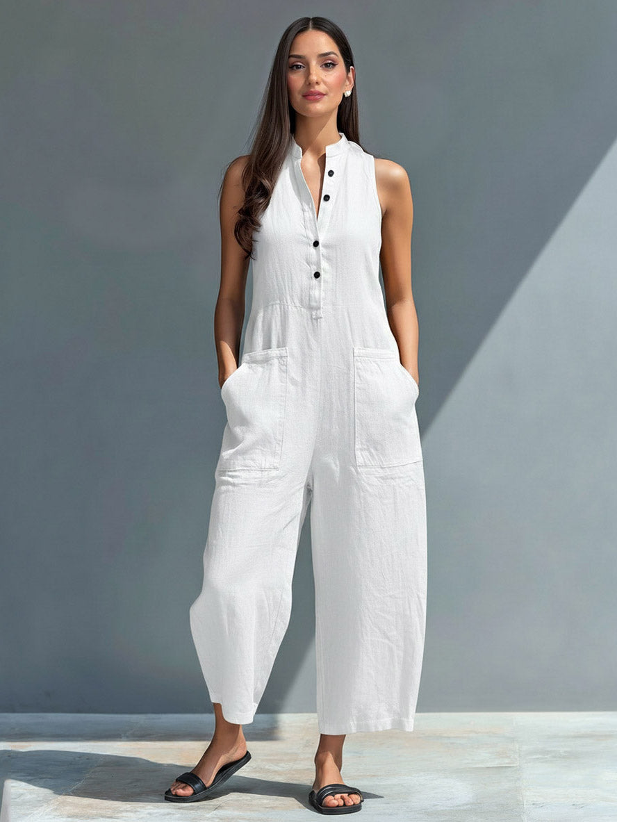 Casual Button-Front Sleeveless Loose Jumpsuit White