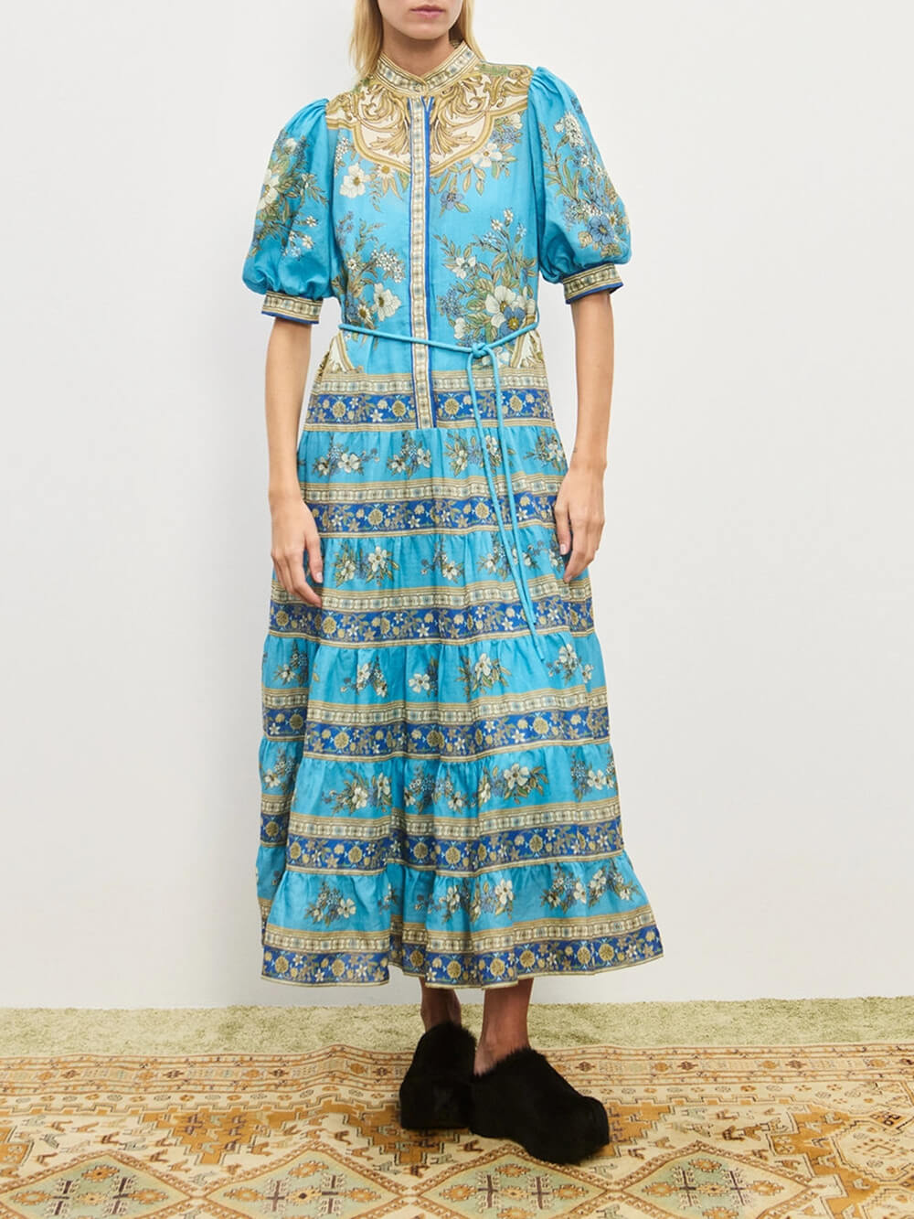 Unique Floral Print Puff Sleeve Tiered Shirt Maxi Dress Blue