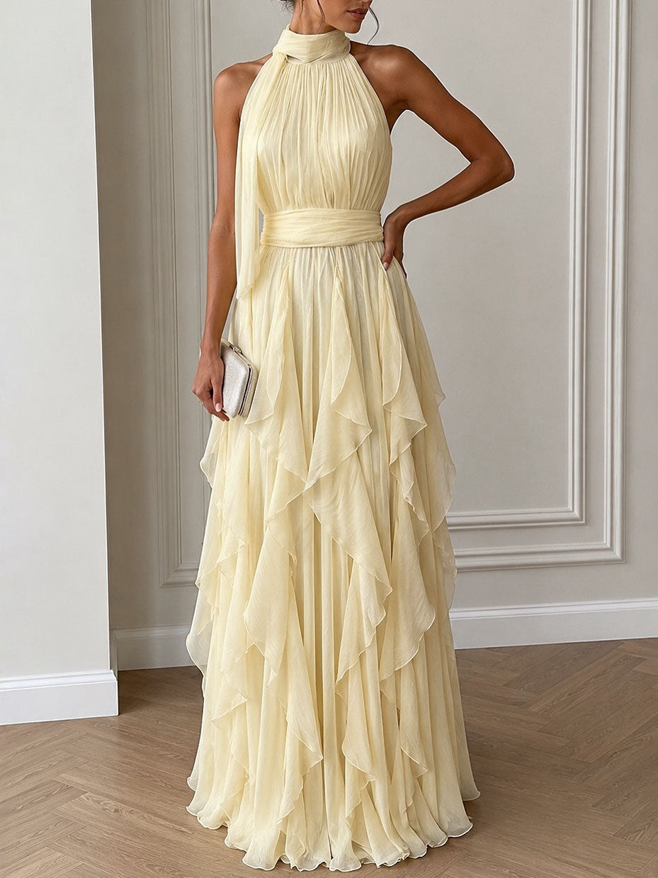 Elegant Backless Ruched Tiered Ruffle Maxi Dress Yellow
