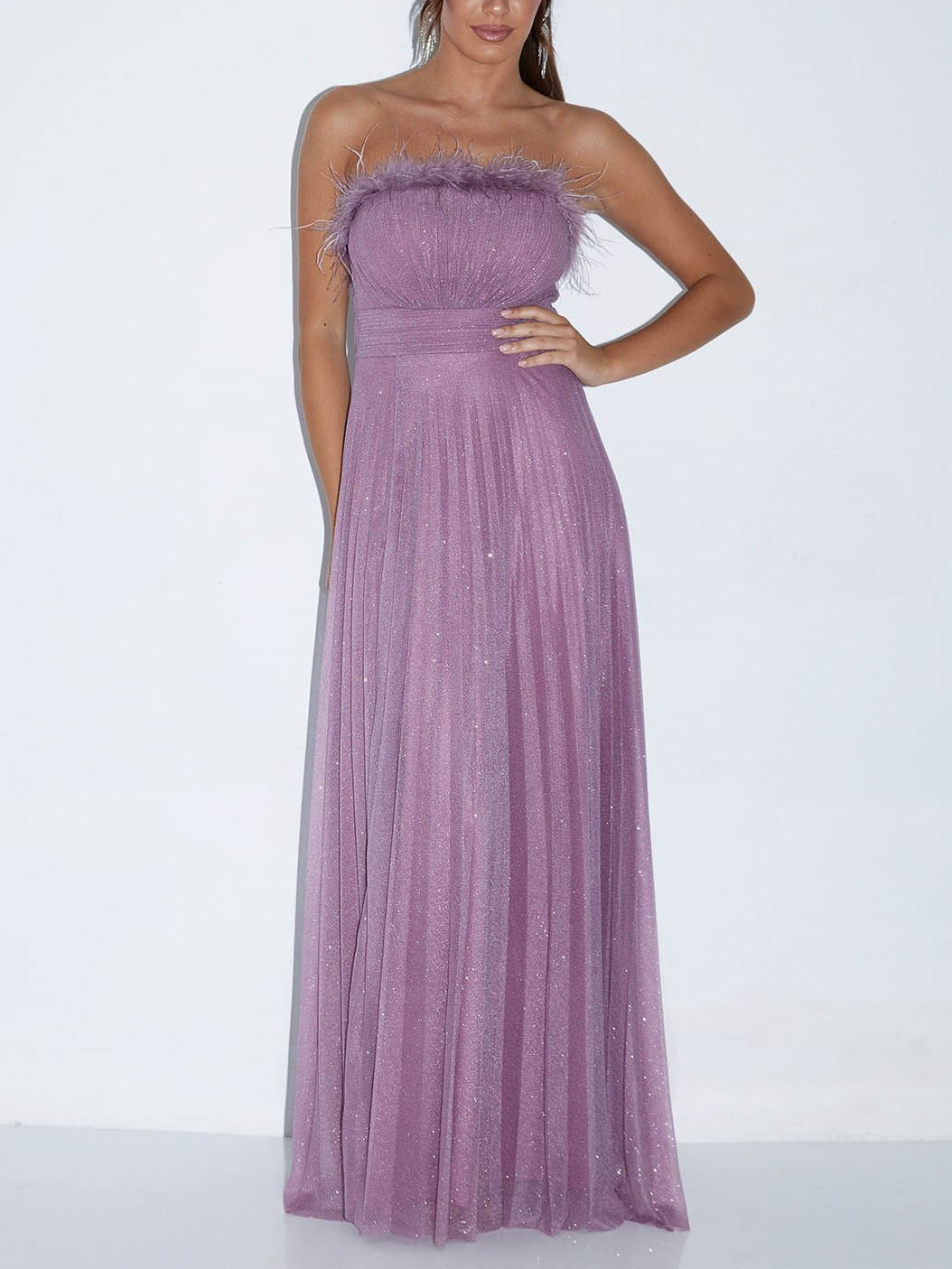 Elegant Feather Trim Shimmer Strapless Maxi Dress Purple