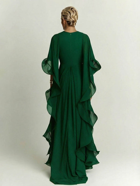 Elegant Draped Head Sleeve Chiffon Maxi Dress