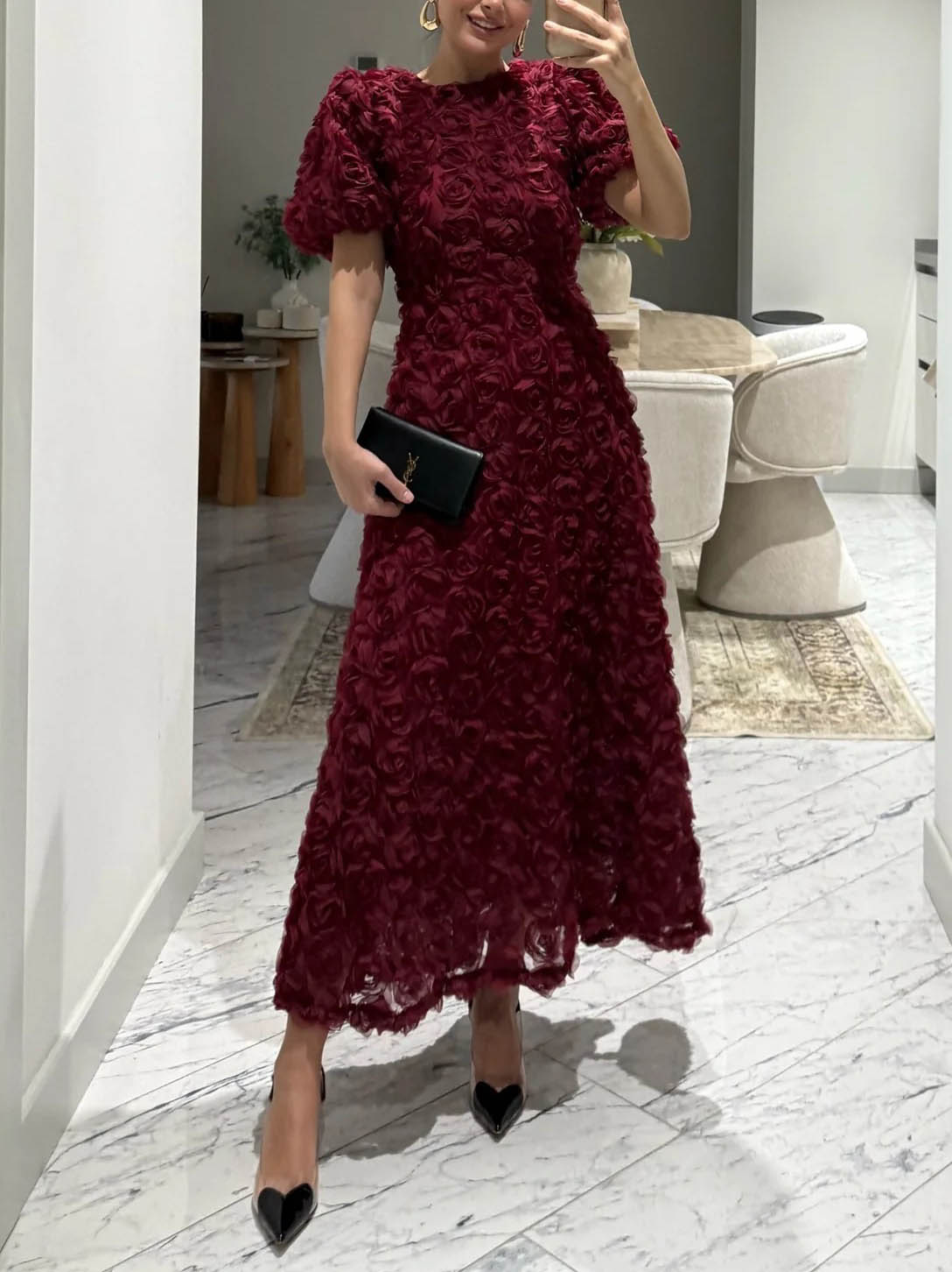 Elegant Rose-patterned Puff-sleeved Maxi Dress Red